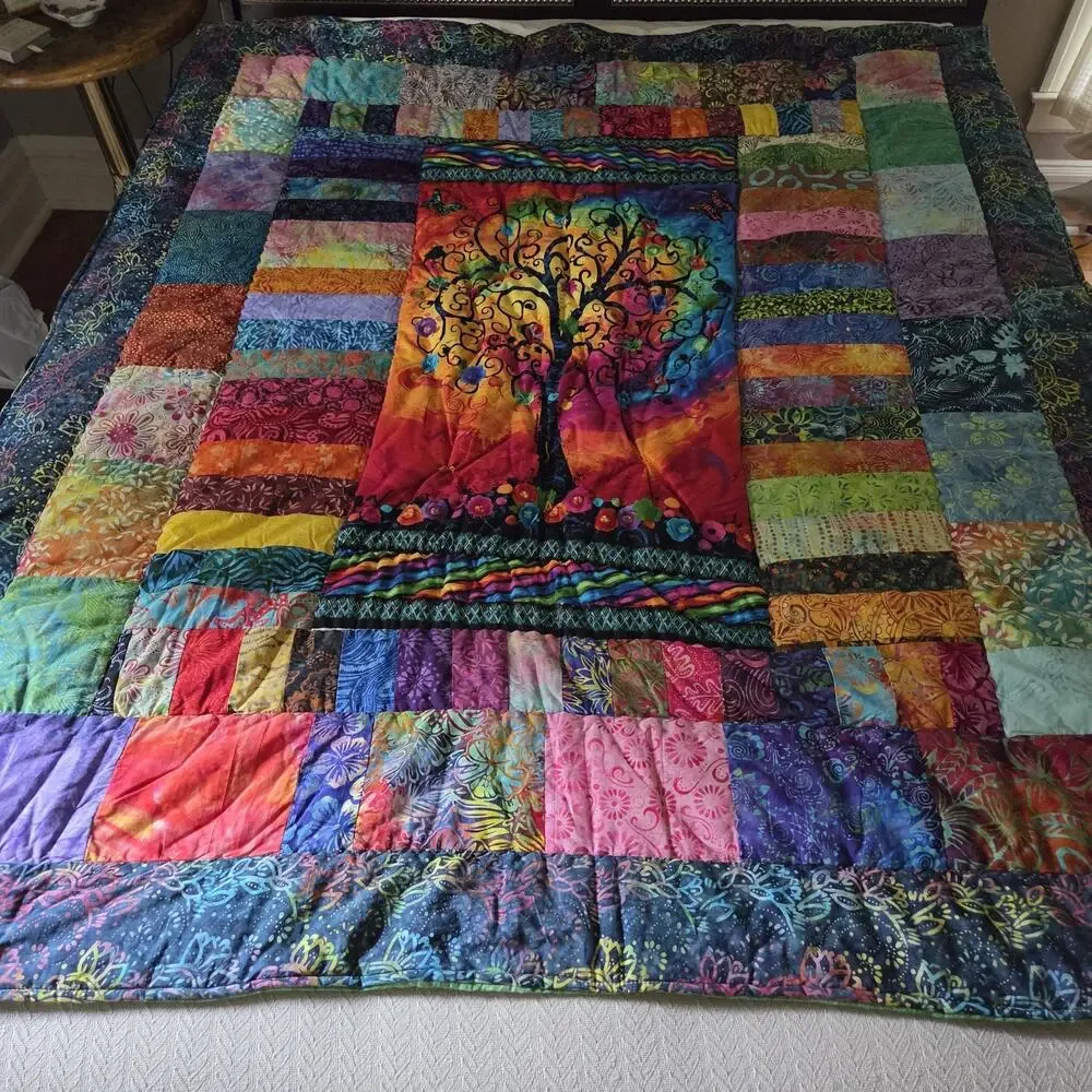 Handmade Batik Patchwork Throw Quilt – Tree of Life Center Panel – Colorful Art